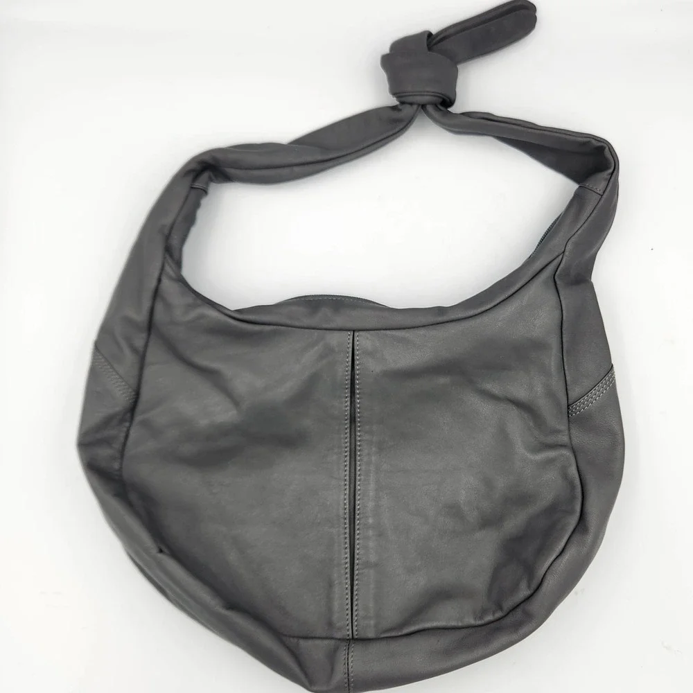 Tano‎ Gray Leather Hobo Bag with Tie Strap – Slouchy Shoulder Purse Zip Pocket
